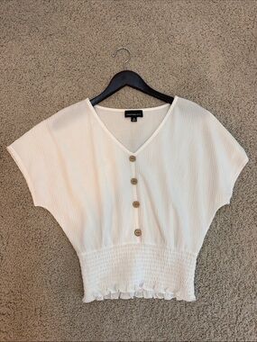 City Studio White Button-Front Smocked Top